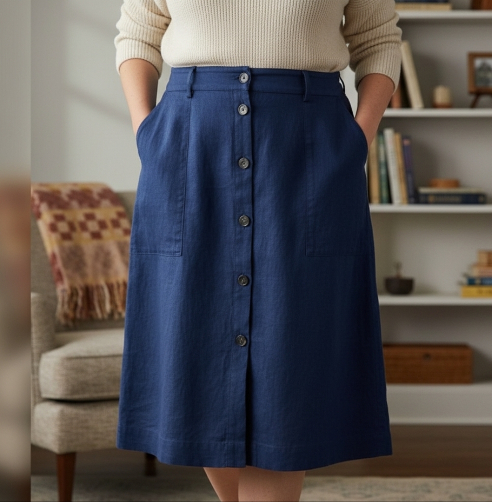 Noa Noa Navy Linen Blend Button Front Midi Skirt Size 36 Blue